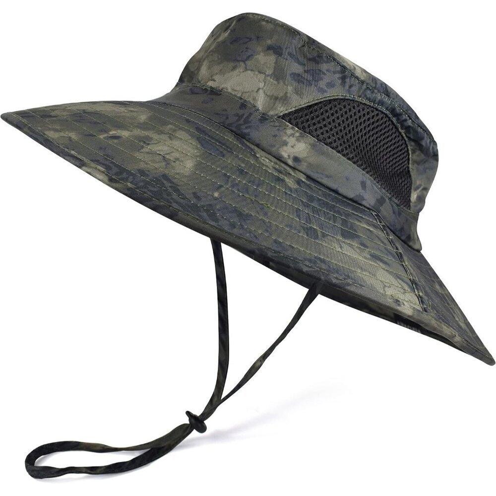 Unisex Green Camo 100%Polyester Wide Brim Mesh Vents With Chin Strap Fishing Hat